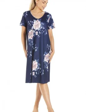 Women's Lightweight Floral Print Nightdress in Navy Size: 18-20 - Navy - Size: 18-20 - Camille - FashionsVida