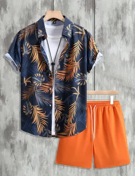 Conjunto casual de camisa de manga corta y pantalones cortos con estampado tropical de plantas hawaianas para hombres, camisa con estampado tropical p - Shein - FashionsVida