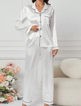Conjunto de pijama blanco con ribete de contraste, ropa de otoño e invierno - Shein - FashionsVida