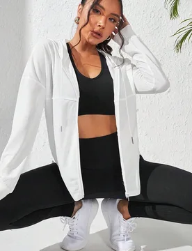 Cazadora deportiva de hombros caídos con cremallera con capucha - Shein - FashionsVida