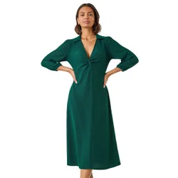 Womens Textured Collared Twist Front Dress - Green - Size 14 Uk