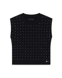 T-shirt mezza manica nera in cotone con strass e logo ricamato