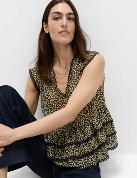 Ditsy Floral V-Neck Ruffle Top Black Mix female - M&S - FashionsVida