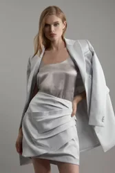 Women's Structured Viscose Satin Tailored Ruched Mini Skirt in Silver Size: 8 - Silver - Size: 8