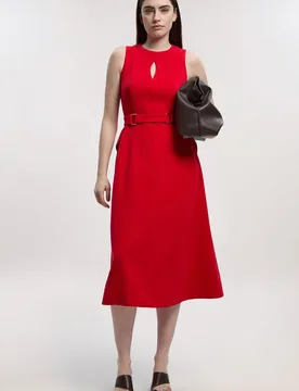 Womens Petite Compact Stretch Belted Seamed Full Skirted Midi Dress - Red Cotton - Size 12 Uk - Karen millen - FashionsVida