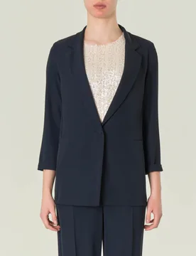 Blazer monopetto blu in tessuto stretch con maniche a tre quarti e linea sfiancata - Hlo! - FashionsVida