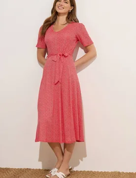 Printed Tie Waist Midi Dress - Red - Size: 12 - M&Co - FashionsVida