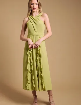 Women's Halter Neck Ruffle Maxi Dress in Chartreuse Size: 12 - Chartreuse - Size: 12 - OASIS - FashionsVida