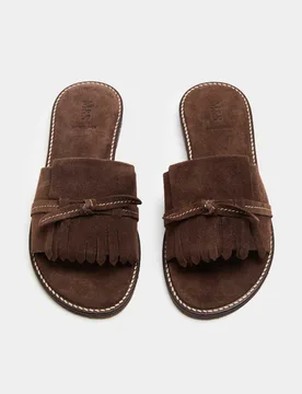 Suede Fringed Flat Mules Brown female - M&S - FashionsVida