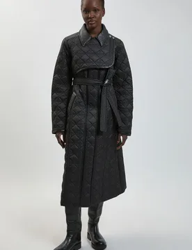 Womens Quilted & Pu Mix Belted Padded Midi Coat - Black - Size 6 Uk - Karen millen - FashionsVida