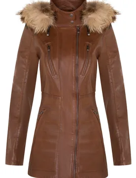 Womens Slim Fit Hooded Parka Jacket-Northam - Tan Lamb Leather - Size 24 Uk - Infinity Leather - FashionsVida