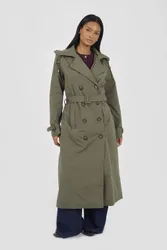 Double-Breasted Longline Trench Coat with Detachable Hood - Light Khaki - Size: 16