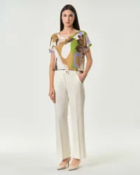 Pantalone dritto color avorio in tessuto stretch