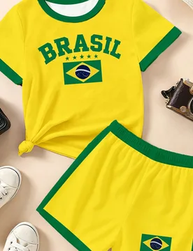 Conjunto de camiseta corta básica y pantalones cortos para niñas preadolescentes, estilo casual, con diseño creativo personalizado de estrella de c - Shein - FashionsVida