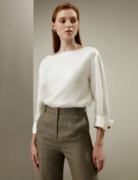 Donna Camicetta Twill di Seta Elegante Scollo a Barchetta Bianco XXL