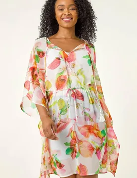 Women's Petite Abstract Print Tie Cover Up in White Size: 14 - White - Size: 14 - Roman - FashionsVida