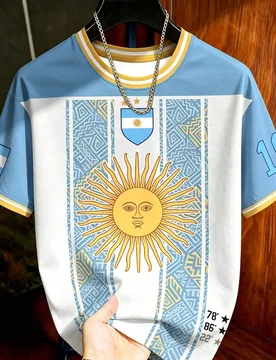 Camiseta de manga corta con rayas verticales azules y blancas y tótem solar de tres estrellas estilo retro americano, camiseta de cuello redondo con - Shein - FashionsVida