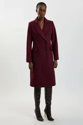 Women's Wool Fitted Double Breasted Tailored Midi Coat in Burgundy Size: 8 - Burgundy - Size: 8