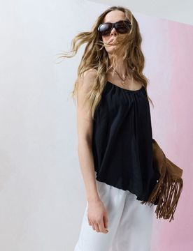Top stile camicia con orlo asimmetrico e viscosa - nero