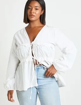 Womens Plus Ruched Tie Front Detail Smock Top - White - Size 16 Uk - Boohoo - FashionsVida