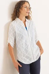 Zip Up Cotton Blouse - White - Size: 22