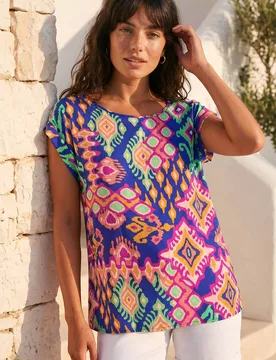 Aztec Print Short Sleeve Top - Blue - Size: 20 - Roman - FashionsVida