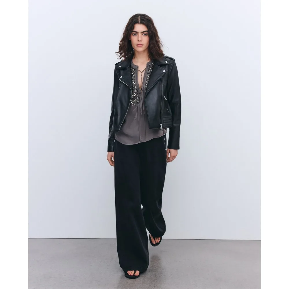 Biker de mujer de piel con solapa y pespunte en el bajo - Tintoretto - FashionsVida