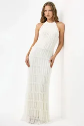 Womens Halter Neck Textured Maxi Dress - White - Size X-Large