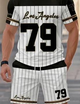 Piezas Conjunto deportivo de verano para hombres, Camiseta de manga corta con contraste de color + Pantalones cortos con estampado de letra lateral, R - Shein - FashionsVida