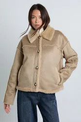 Womens Fur Detail Suede Collared Aviator Jacket - Beige - Size 14 Uk