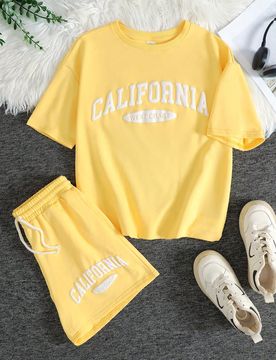 Conjunto de 2 piezas para niñas y adolescentes: Camiseta de cuello redondo de manga corta con estampado de lemas en inglés americano y pantalones co