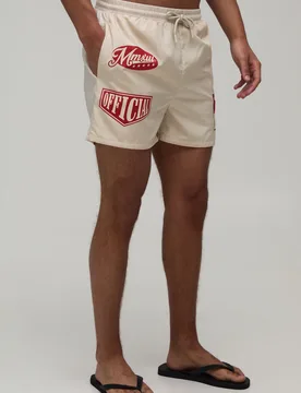 Mens Patch Print Short Length Swim - Beige - Size Medium - boohooMAN - FashionsVida