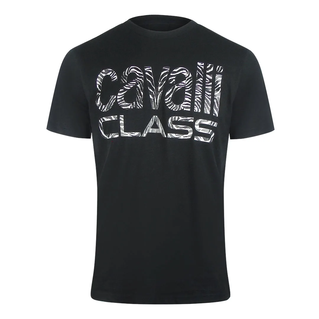 Mens Bold Zebra Print Logo Black T-Shirt Cotton - Size Medium - Cavalli Class - FashionsVida