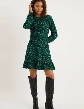 Women's Petite Green Leopard Frill Hem Mini Dress Size: 6 - Green - Size: 6 - Dorothy perkins - FashionsVida