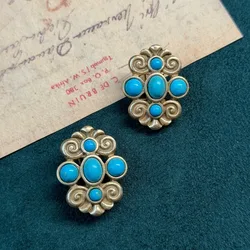 Vintage Turquoise Natural Stone Earrings Antique Gold Color Oval Blue Stud Luxury Jewelry For Women Accessories Girl Wedding New