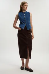 Womens Stretch Cord Midi Pencil Skirt - Chocolate Cotton - Size 8 Uk