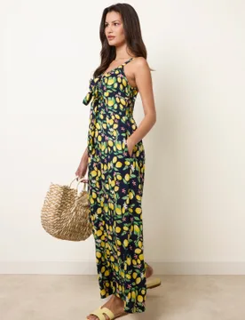 Lemon Print Front Tie Jumpsuit - L / LEMON - female - Blue Vanilla - FashionsVida