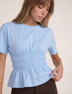 Blusa in cotone arricciata - azzurro