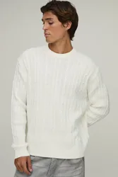 Herren Locker Geschnittener Zopfmuster-Pullover Ecru Größe Small