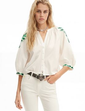 Blouse col V broderies, Coton, Blanc, XL