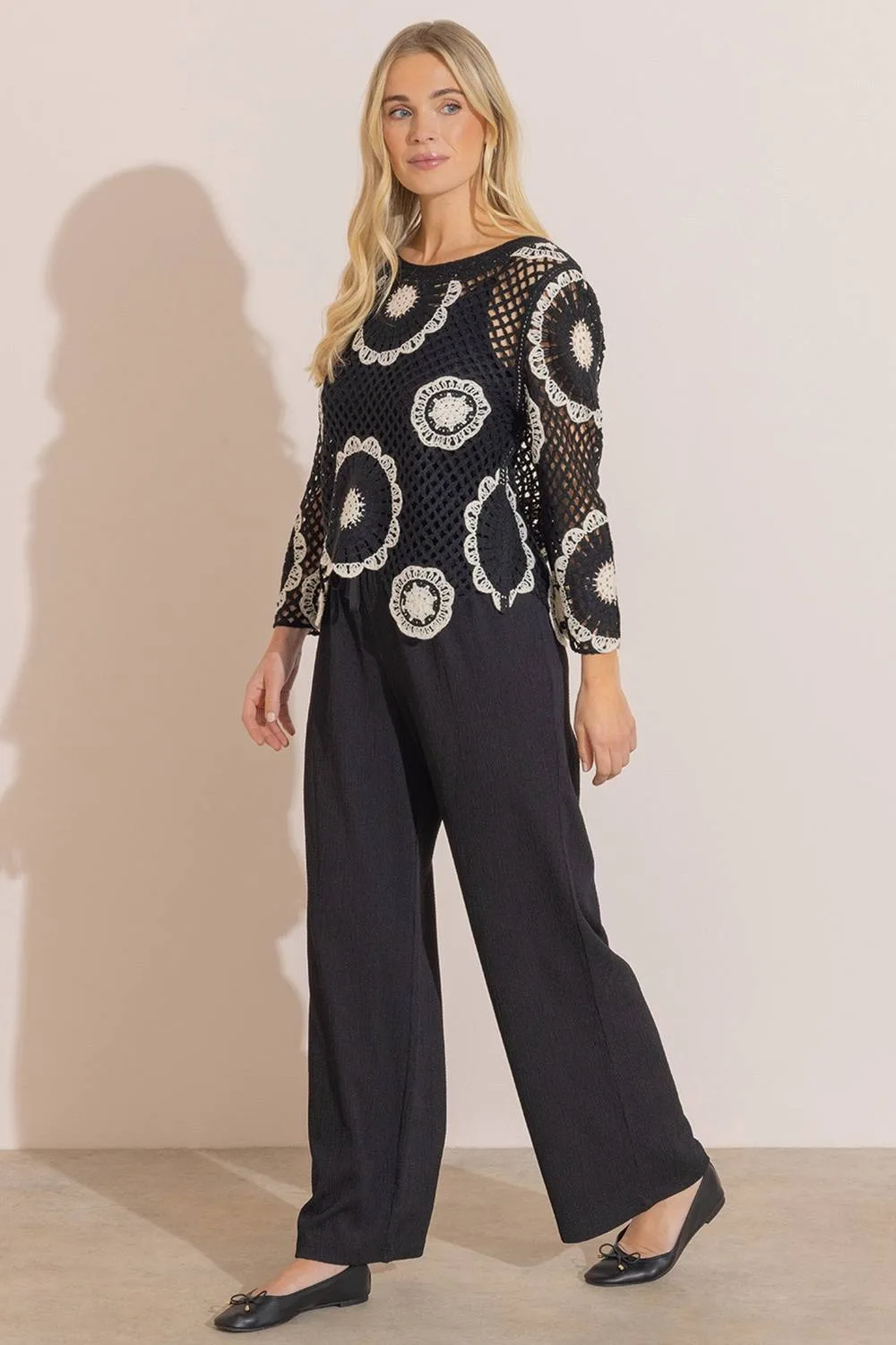 Wide Leg Textured Pull On Trousers - Black - Size: 22 - Klass. - FashionsVida