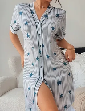 Camisón de mujer estilo casual americano con estampado de estrellas, cuello en V y manga corta - Shein - FashionsVida