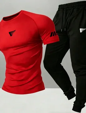 Conjunto deportivo de camiseta de manga corta con cuello redondo y estampado de color contrastante para hombre, y pantalones largos con cintura con co - Shein - FashionsVida