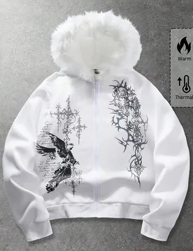 Sudadera con capucha con cremallera y estampado de eslogan con cuello de piel para hombre - Shein - FashionsVida