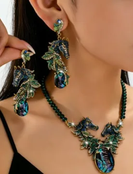 Heavy Industry Retro Full Rhinestone Paved Horse Charms Dangle Earrings Big Necklace Set Niche Oval Black Abalone Clavicle Chain - Aliexpress - FashionsVida