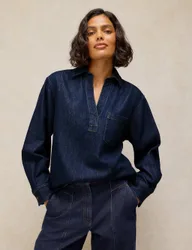 Denim Collared Relaxed Pocket Tunic Dark Blue Denim female