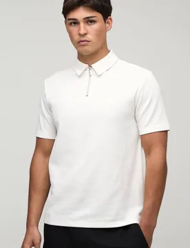 Men's Slim 1/4 Zip Waffle Polo Ecru Size X-Large Ecru XL - boohooMAN - FashionsVida