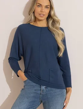 Women's Batwing Knitted Jumper in Navy Size: Medium - Navy - Size: M - Klass. - FashionsVida