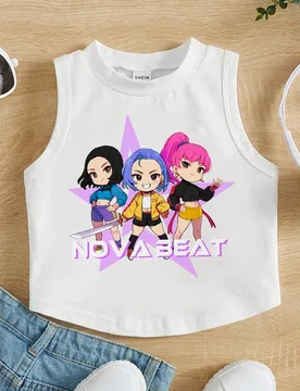 Camiseta de tirantes con estampado de niña, estrella, superestrella de K-pop, niña joven con estilo minimalista y de dibujos animados, adecuada para - Shein - FashionsVida