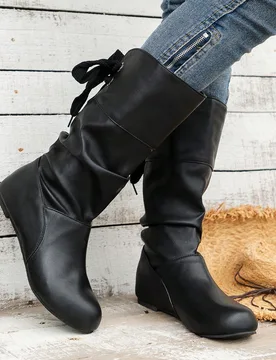 Botas altas de mujer de otoño/invierno 2025 con puntera redonda, de piel de imitación con pliegues, cordones decorativos, puntera redonda con elevac - Shein - FashionsVida
